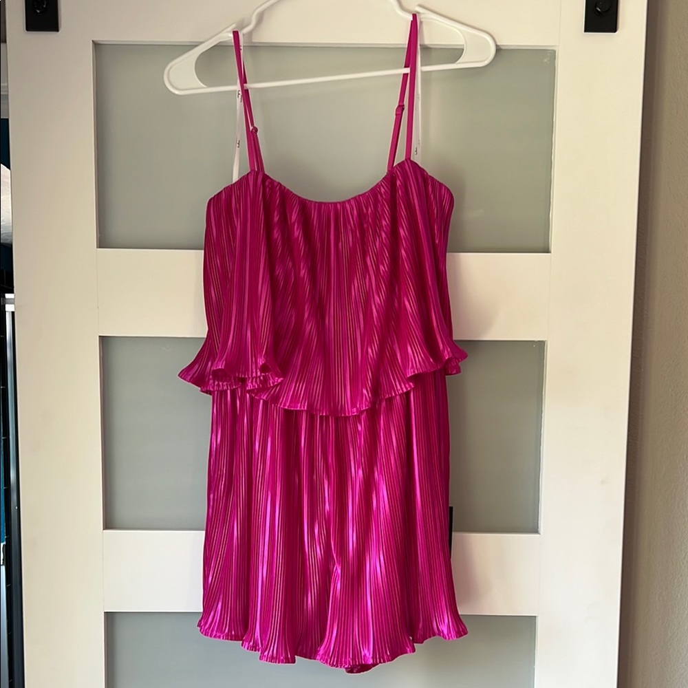 Lulu’s Fun Flirt Hot Pink Satin Plisse Sleeveless Romper